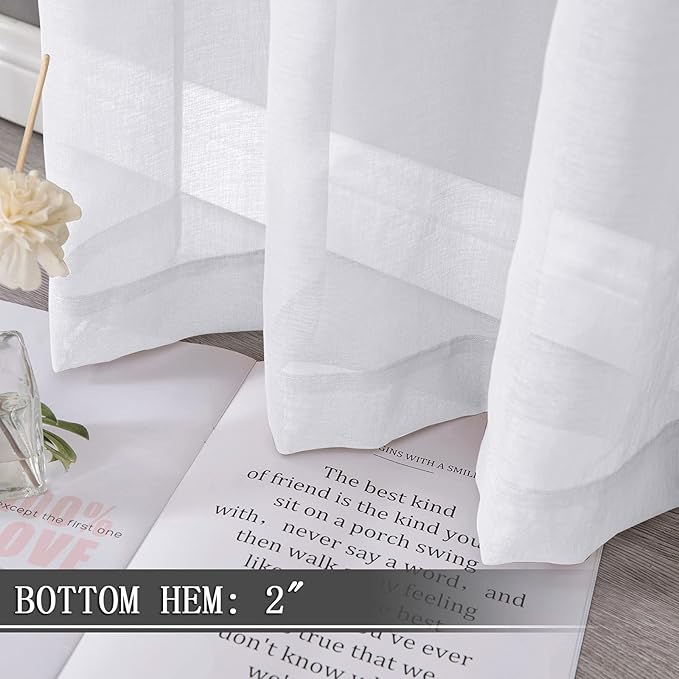 Tollpiz Short Sheer Curtain Linen Textured Bedroom Curtains Sheer Light Filtering Rod Pocket Voile Curtain for Living Room, 54 x 54 inches Long, White, Set of 2 Panels
