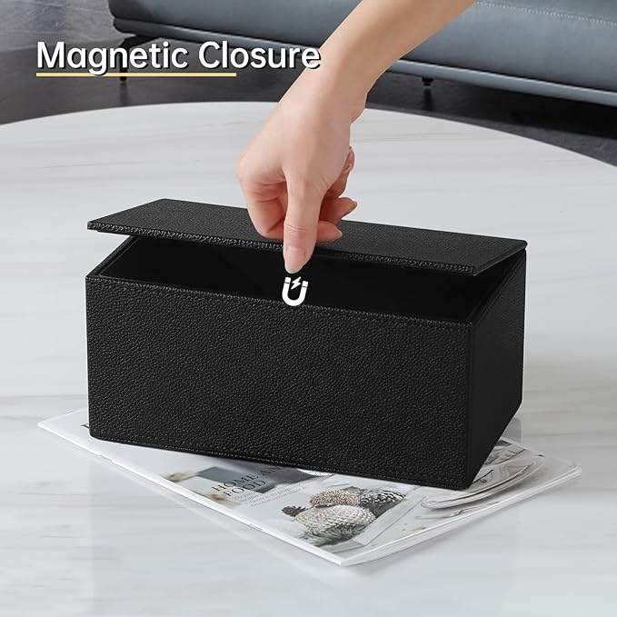 JLAMBOM Rectangle Tissue Box Cover for 120 to 160 Count Box of Tissues, PU Leather Tissue Holder with Magnetic Closure (Black)