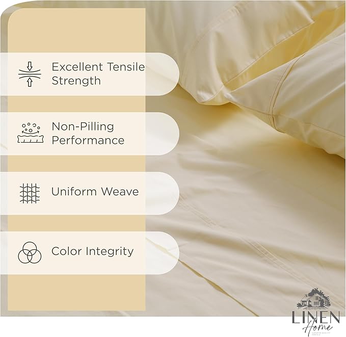 Linen Home 100% Cotton Percale Sheet Set, Queen Size, Ivory, Deep Pocket, 6 Pieces Set - 1 Flat, 1 Deep Pocket Fitted Sheet and 4 Pillowcases, Crisp Cool and Strong Bed Linen