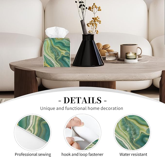 POIUBLE Leather Tissue Box Holder Green and Gold Abstract Marble Tissue Box Cover Square Waterproof Tissue Holder Organizer Modern Napkin Holder for Bedroom Dresser Night Stand Office Desk