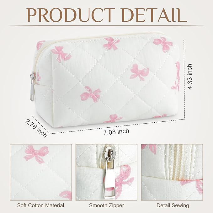 Paterr 6 Pcs Quilted Makeup Bag Bulk for Women Girls Birthday Valentine's Day Bridesmaid Gifts Cute Cotton Cosmetic Pouch Bow Floral Coquette Aesthetic Travel Toiletry Bag(Pink Bow,White)