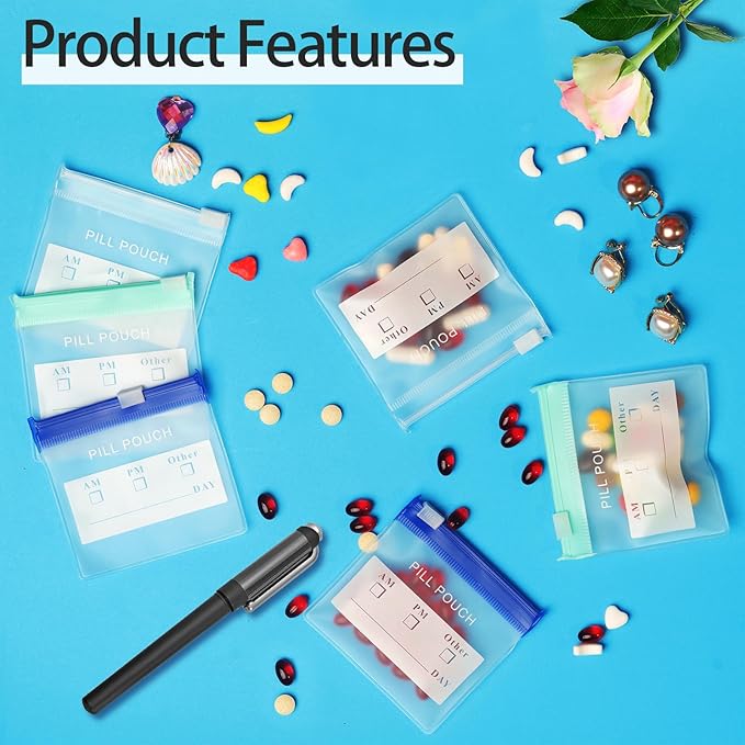 36 Packs Color Pill Pouch Bags 12mil 3 x 2.75 Inch bpa-Free, Frosted Clear EVA Materials, Heavy-Duty Thick Plastic Bags for Travel Medicine Organizer, Jewelry, Small Craft Pieces-Clear+Green