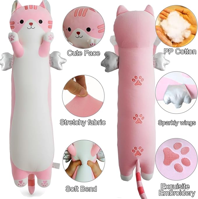 Long Cat Plush Pillow, Cute Cat Stuffed Animal Body Pillow with Wings, Soft Kawaii Kitty Hugging Pillow, Christmas Valentine's Birthday Gift for Kids Girls Boys (Pink, 110cm/43.31in)