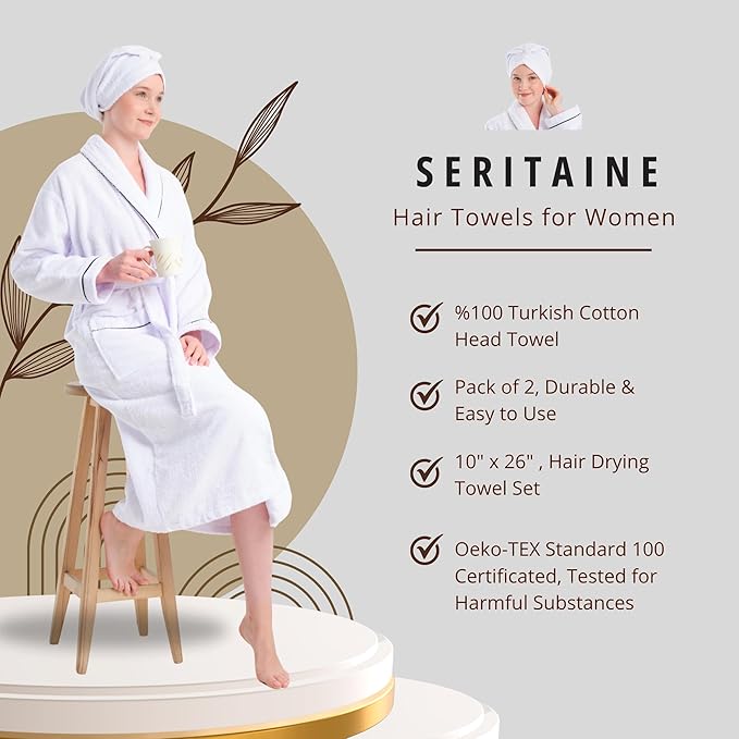 Seritaine Hair Towel Wrap for Women 2 Pack – 100% Turkish Cotton Turban for Wet Hair Quick Dry – Soft & Gentle Head Towel Cap– Soft and Absorbent Cotton - 10x26 inch