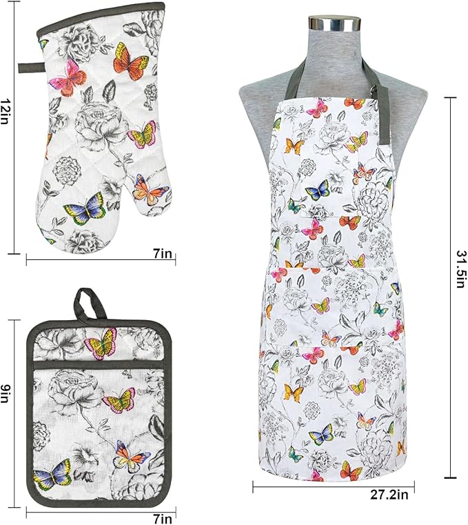 Oven Mitts and Pot Holders with Chaf Apron,Set of 5 Heat Resistant Kitchen Gloves and Silicone Non-Slip Potholders Adjustable Neck Buckle Apron, Cotton Nice Design for Cooking (Butterfly)