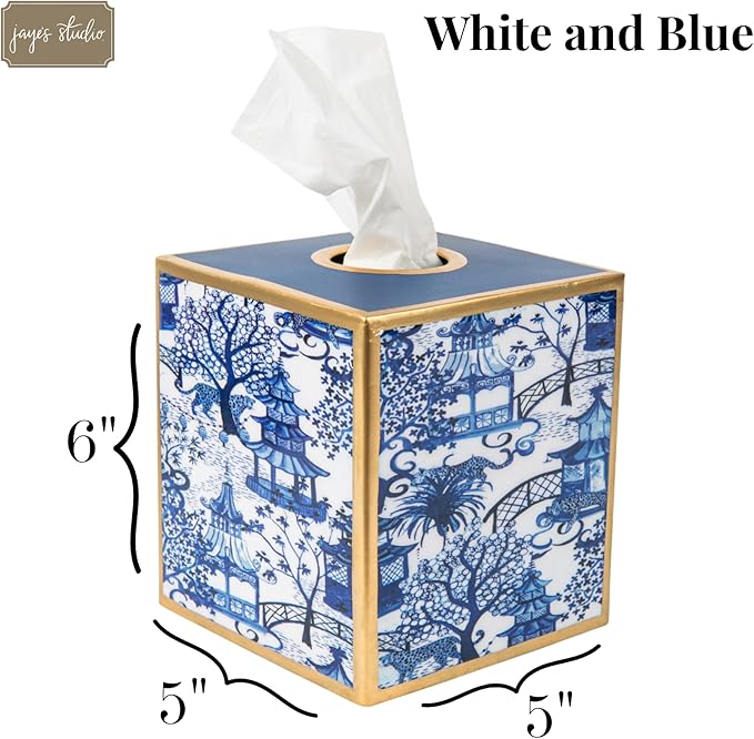 Jaye’s Studio Garden Party Line, Decorative Tissue Box Cover, White & Taupe, Gold Trim, Enameled, Handcrafted Metal, Luxury Tissue Holder, Size 6x5x5