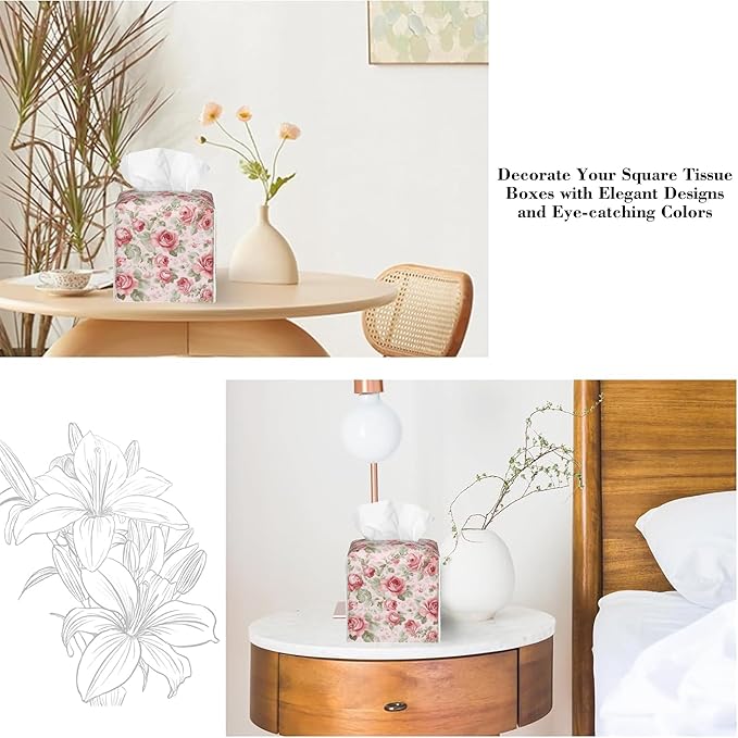 Pink Roses and Green Leaves Tissue Box Cover,Vintage Flowers Floral Waterproof Leather Square Tissue Box Cover Case Facial Paper Organizer Dispenser Box Holder for Home Office Bathroom Vanity