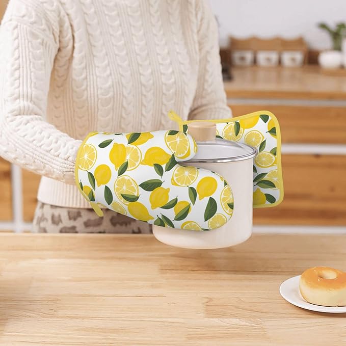 Oven Mitts and Potholders Watercolor Lemon Leaf Silicone Glove Heat Resistant, Kitchen Gloves for Cooking, 2-Piece Set