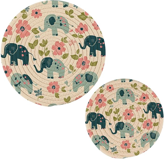 Retro Elephant Flowers Beige Trivets for Hot Dishes Pots and Pans Potholders Woven Trivet Cotton Round Large Pot Holder Decor Heat Resistant Hot Pads Mat for Table Counter Cooking Potholder Set