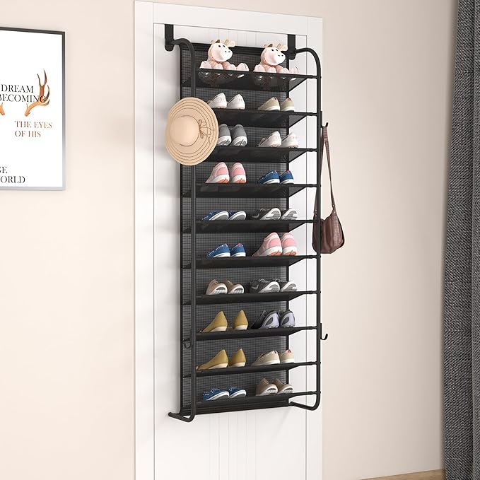 MUOU 10 Tier Shoe rack Hanging Shoe Storage the door shoe rack for Closet Pantry Over The Door Shoe Organizer Wall Floating Shelves (Black, 10 Tier)