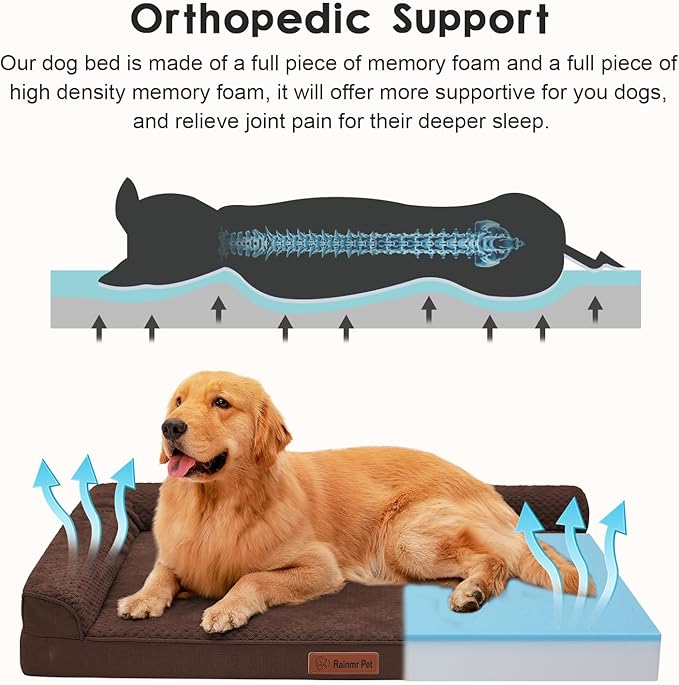 Rainmr Orthopedic Dog Beds for Large Dogs, Memory Foam Dog Beds Large Sized Dogs, Washable Removable Cover, Nonskid Bottom, Waterproof, for Indoor, Outdoor, Crate ＆ Car Use, 44x32x6 Inches, Brown Grey