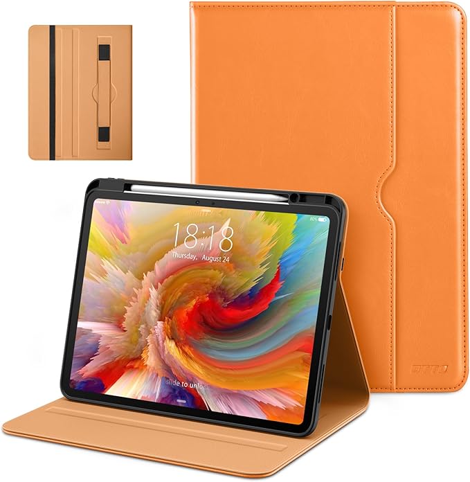 DTTO for iPad Pro 13 inch Case (M5/M4) 2025/2024, Premium Leather Business Folio Stand Cover with Pencil Holder - Auto Wake/Sleep & Multiple Viewing Angles, Built in Hand Strap & Pocket, Orange