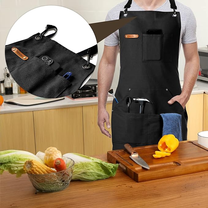 Professional Chef Apron for Mens, 100% Cotton Canvas, Kitchen Cooking BBQ Grilling Apron, Durable