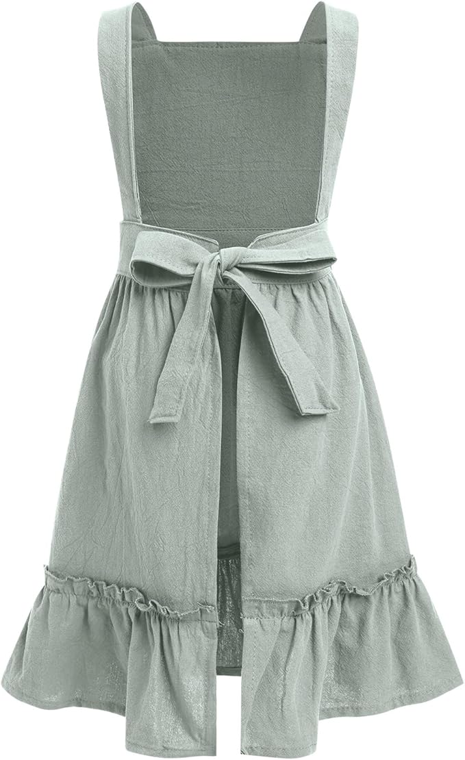 IWEMEK Kids Aprons for Girls Cooking Child Cotton Linen Apron Dress with Pockets Art Baking Gardening Painting Apron Pinafore