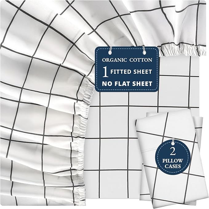 LANE LINEN 100% Organic Cotton Fitted Sheet Queen Plus Pillowcases, Soft Percale Weave Fully Elasticized Snug Fit Printed Deep Fitted Sheet Queen Fits Mattress Upto 15" - Windowpane