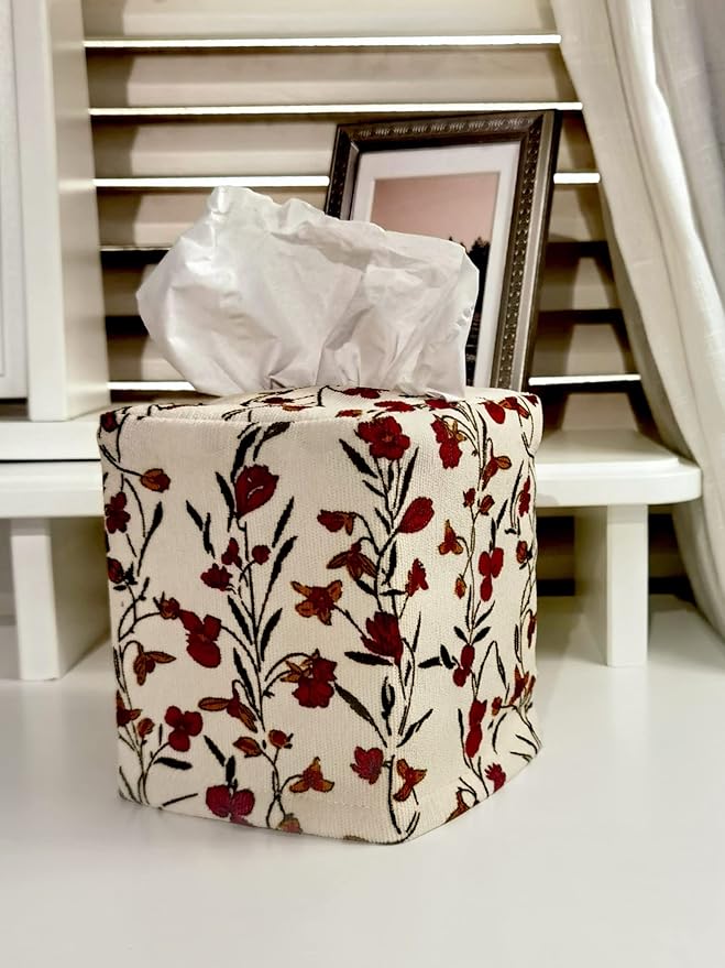 Fabric Tissue Box Cover Square, Vintage Floral Print Corduroy Tissue Holder, Bouquet Wrapping Bag 4.4"X4.4"X5.1", Creamy White