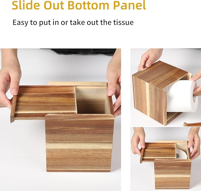 CATORY Tissue Box Cover, Acacia Wood Tissue Box Cover Square, Rustic Tissue Box Holder Covers Your Tissues, Decorative Tissue Cube Box Cover with Slide-Out Bottom