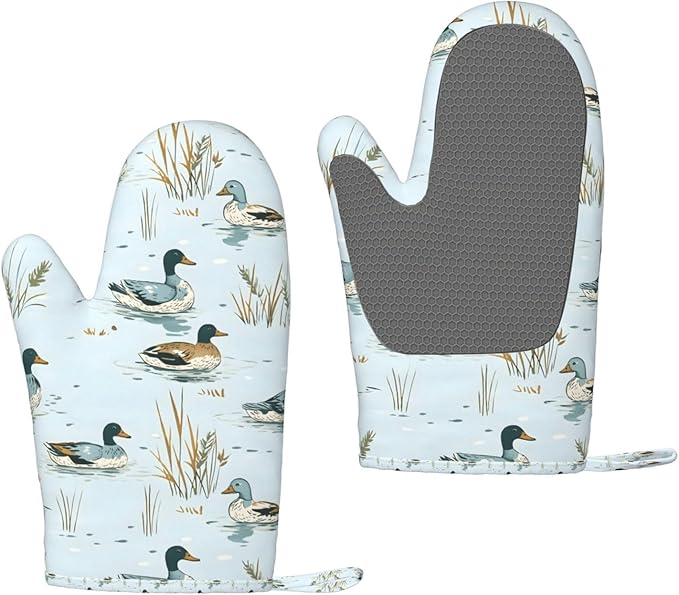 Oven Mitts 2 Pack, Silicone Kitchen Gloves, Heat Resistant with Non-Slip Grip and Soft Quilted Cotton Lining for Cooking Barbecue Backing (Ducks Swimming)