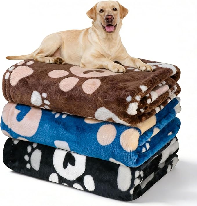 Gowyeg Premium Dog Blankets for Large Dogs & Cat Flannel Blanket Washable, Soft Pet Throw Cover for Kennel Crate Bed, Cute Paw Pattern, 41x31 inch,Blue/Black/Brow