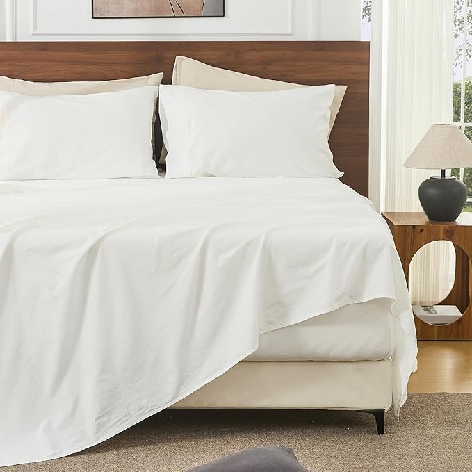 Bedlifes 100% French Linen Sheets King Size 18-24”Extra Deep Pocket 4-Piece Set Breathable & Moisture-Wicking,Soft & Durable Sheets for Thick Mattresses(White)