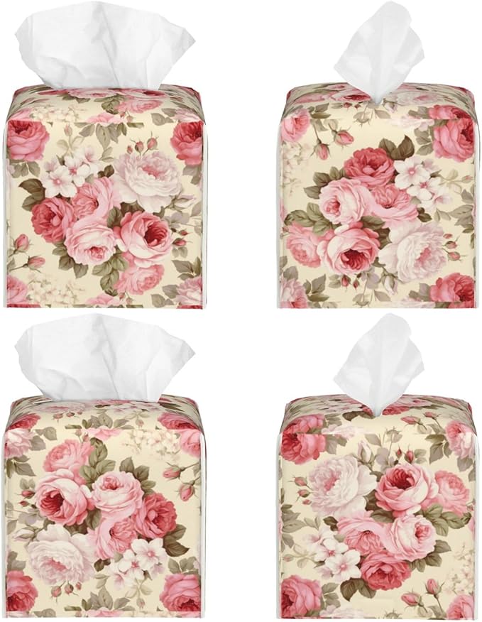 PVC Tissue Box Cover Holder,Flower Square Decorative Organizer,5.2"X5.2"X5.2" Tissue Case for Bathroom,Tabletop,Car,Office