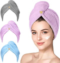 YHPDYL 3 Pack Microfiber Hair Towel Wrap for Women, Fast Drying Hair Turban with Button, Anti-Frizz Large Hair Towel for All Hair Styles, Soft & Absorbent Hair Drying Towel