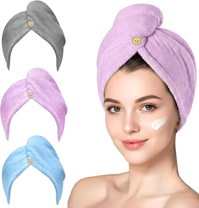 YHPDYL 3 Pack Microfiber Hair Towel Wrap for Women, Fast Drying Hair Turban with Button, Anti-Frizz Large Hair Towel for All Hair Styles, Soft & Absorbent Hair Drying Towel