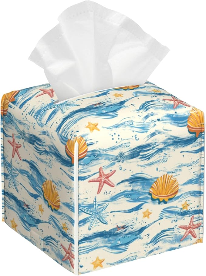 Tissue Box Cover Leather Tissue Box Holder Cube Tissue Case Cover Facial Paper Organizer Dispenser for Bathroom, Vanity Countertop, Office Desk (Watercolor Seashell and Starfish)