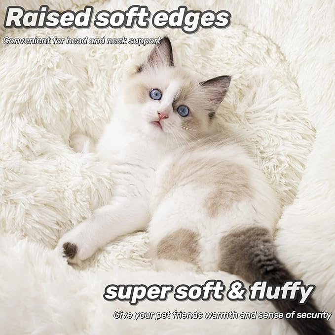Raimaiso Anti Anxiety Round Fluffy Plush Faux Fur Warm Washable Dog Bed & Cat Bed, Original Bed for Small Medium Large Pets,Used to Relieve Joints and Improve Sleep（20"/24"/27''） (24", White)