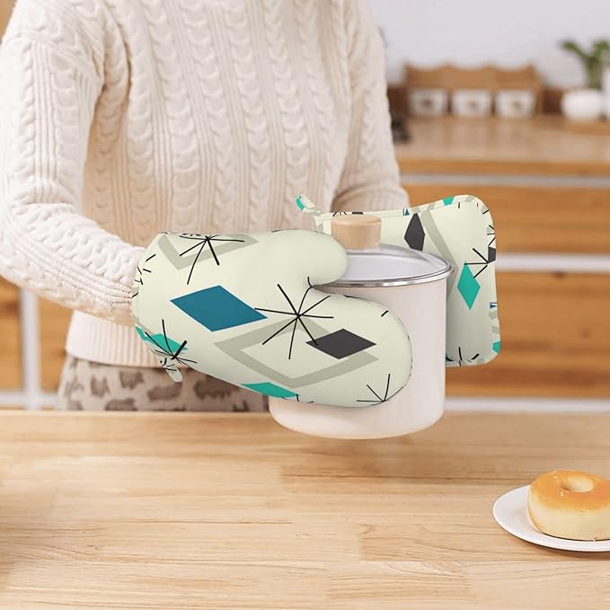 Silicone Oven Mitts and Pot Holders Sets, Home Vintage Mid Century Geometic Heat Resistant BBQ Gloves for Kitchen Baking Cooking Grilling Microwave
