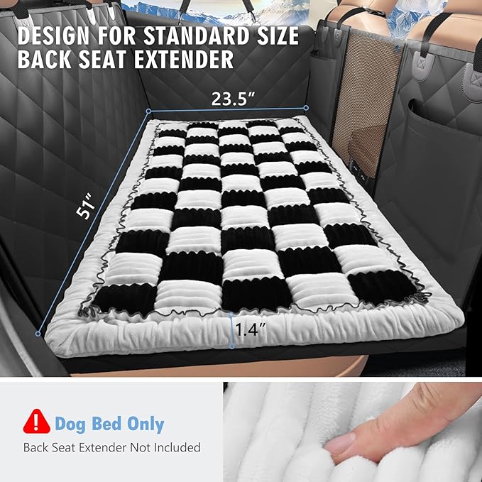 ROUWINNE Backseat Dog Bed Non-Slip, Dog Bed for Car Back Seat Soft and Comfortable, Back Seat Pet Bed Mat for Travel, Pet Car Blanket for Backseat Extender and Seat Covers Checkered (51”X 23.5”)