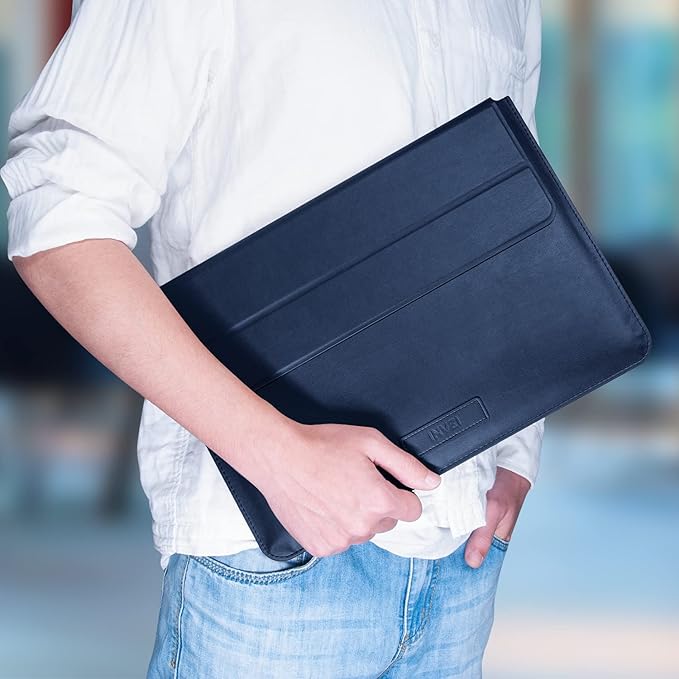 INVZI MacBook Sleeve, Vegan Leather Bag Compatible with 13”/14" MacBook Air, MacBook Pro M1/M2 2018-2022, Compact Design with Invisible Stand (Midnight Blue)