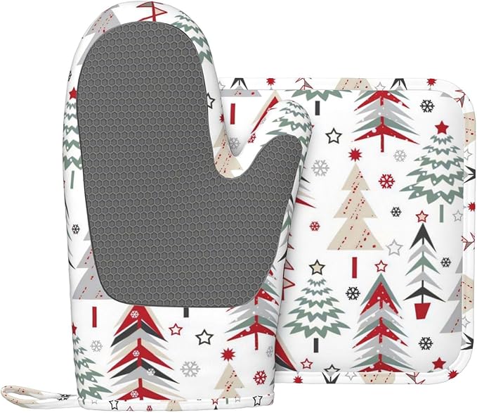 Silicone Oven Mitts and Pot Holders Sets, Home Beautiful Christmas Tree Heat Resistant BBQ Gloves for Kitchen Baking Cooking Grilling Microwave