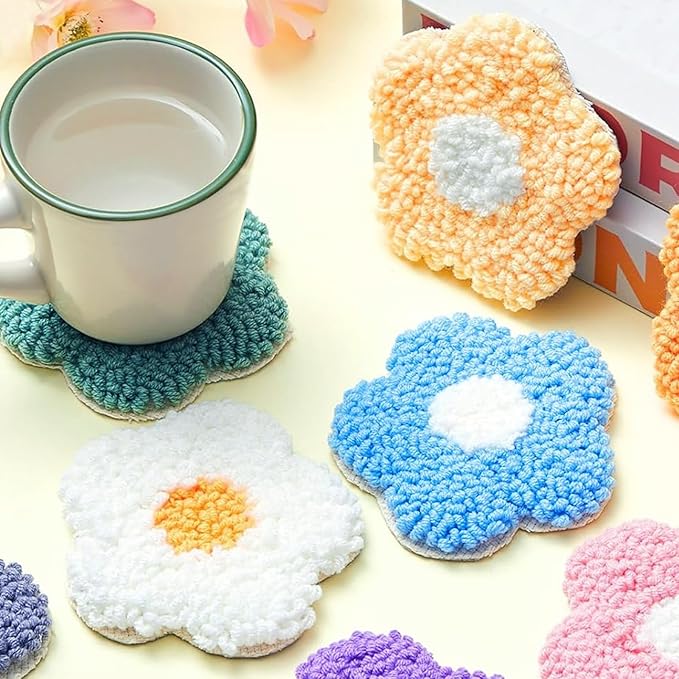 Allazone Punch Needle Coasters Kit, 6 PCS Flower Embroidery Punch Needle Kits, Punch Embroidery Kit with Felt Yarns Hoop Tools for DIY Crafts