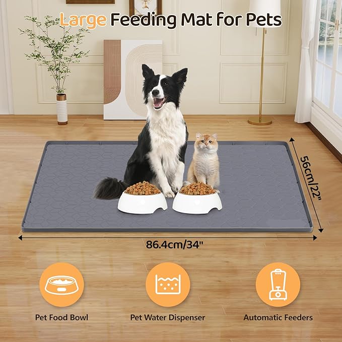 Bartuke Dog Food Mat, Extra Large 34" x 22" Silicone Pet Feeding Mat with Raised Edge Pet Placemat for Small, Medium, and Large Pets Non-Slip, Easy to Clean (Dark Grey)
