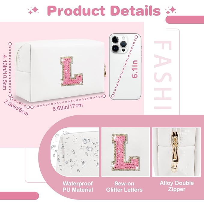 Small Initial Patch Makeup Bag Personalized Gifts Make Up Bag,White Cute PU Leather Glitter Letter Cosmetic Bag with Zipper,Trendy Portable Travel Toiletry Pouch,Preppy Stuff for Teen Girls Women L