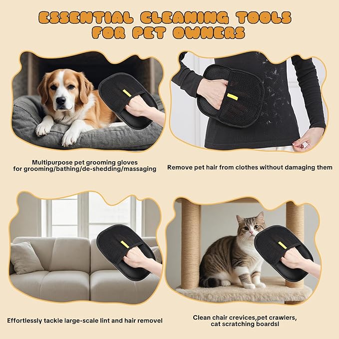 Celivelan Pet Hair Removal Gloves for Cats & Dogs – Reusable Grooming Glove with Static Charge to Remove Fur from Furniture, Carpet, Car Seats & Clothes – Upgraded Pet Hair Remover Mitt(3PCS)