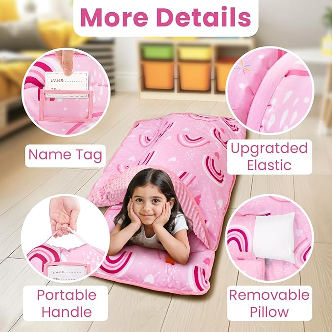 Beavtaens Toddler Nap Mat with Pillow and Minky Blanket, Large 55"x35" Sleeping Bag, Washable, Lightweight, Easy to Roll, Perfect for Preschool, Daycare, Kindergarten, Travel, Boys and Girls(Rainbow)