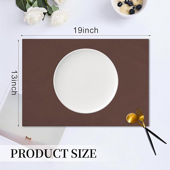 Placemats Set of 6 Linen Type Fabric Cloth Placemats, 19 x 13 Inch Double Layered Thick Wrinkle Free Heat Resistant Table Place, for Dining, Kitchen, Party (Dark Brown, 48 * 33cm)
