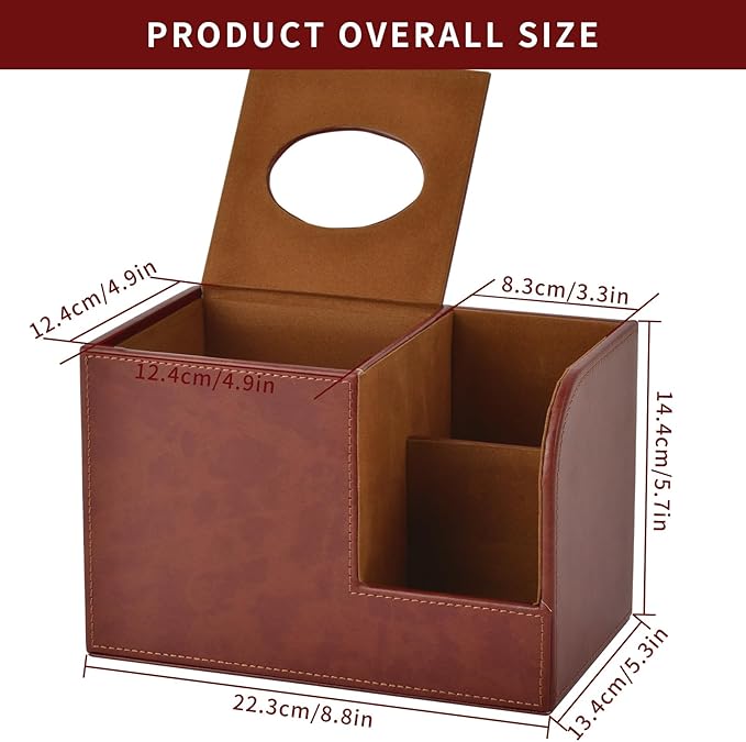 XNONE PU Leather Square Tissue Box Cover,Multifunctional Tissue Box Holder,Tissue Box with Storage,Tissue and Remote Control Holder,Tissue Box Decorative Desk Organizer for Home&Office,Brown