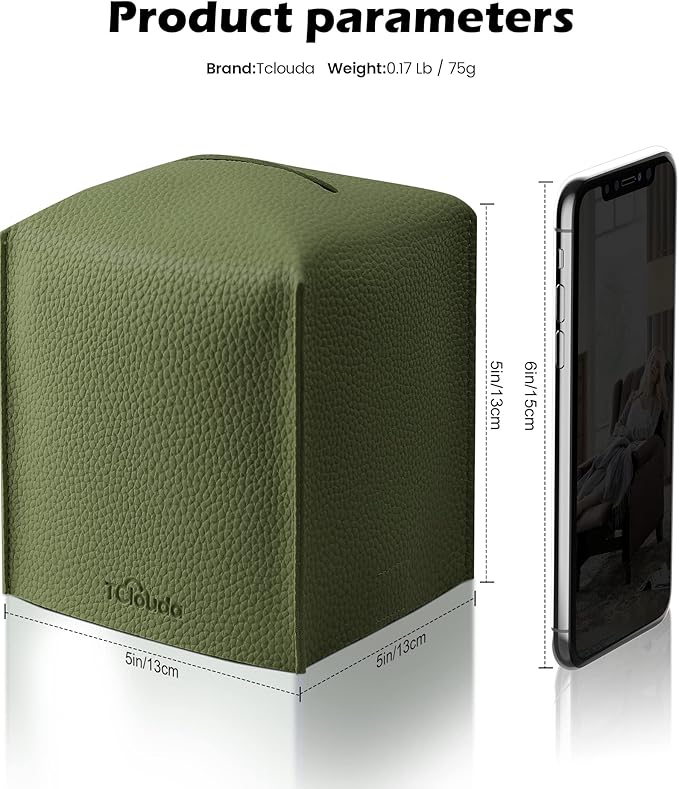 Tclouda Tissue Box Cover for PU Leather, Modern Simple Solid Color Holder Square Tissue Bag, Ideal for Bathrooms,Office,Car,Nightstand,Outdoor Tent,Dining Table,5"X5"X5", Double Green