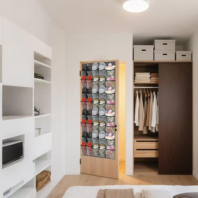 WAHMLA Over the Door Shoe Organizer, 35 Large Breathable Mesh Pockets, Space Saving Hanging Storage Holder, Closet Rack Hanger Holds, Hangs on Closets for Shoes, Accessories, GRAY