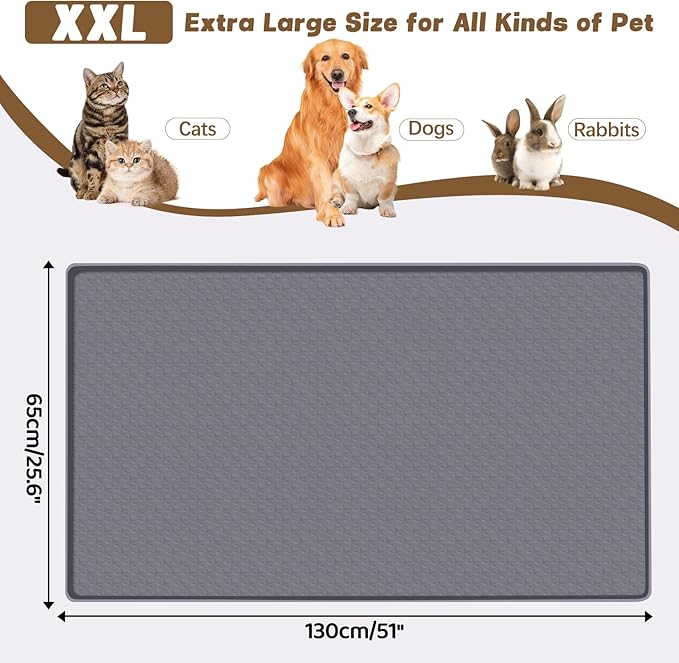 Bartuke Cat Food Mat, 51" x 25.6" Extra Large Silicone Pet Feeding Mat with Raised Edge Pet Placemat for Food and Water Bowl Non-Slip, Easy to Clean, Floor Protection (Dark Grey)
