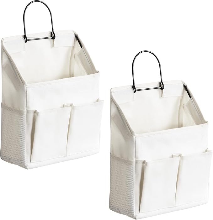 HZZTY BRNY 2pcs Wall Hanging Storage Bag, Small Door Closet Linen Fabric Pockets Organizer, Waterproof Multi Functional for Living Room Bedroom Bathroom Kitchen RV Camper with Hooks All White