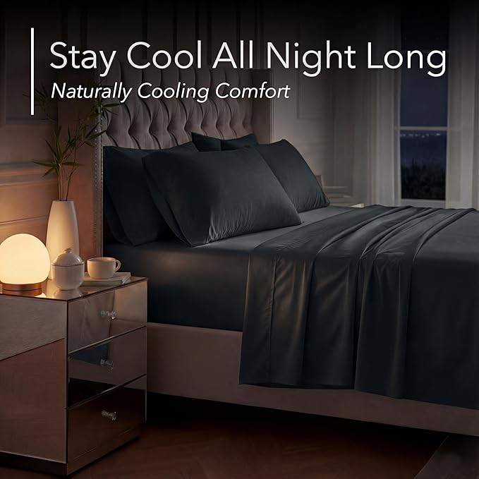 DECOLURE 100% Viscose Derived from Bamboo Sheets Queen Size - Luxury 6 Pc Naturally Cooling Sheets, Ultra Soft Bed Set - Deep 17" Pockets, Durable Double Stitching, Oeko Tex Standard (Black)