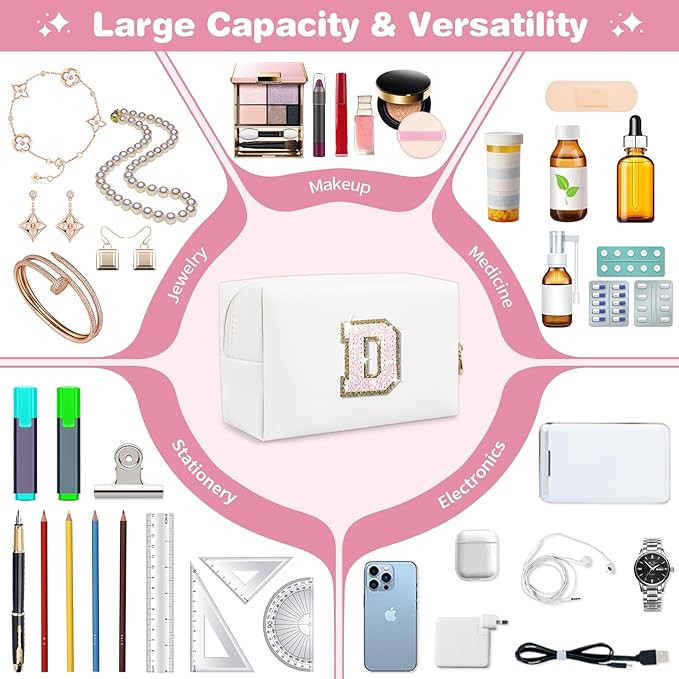Small Initial Patch Makeup Bag Personalized Gifts Make Up Bag,White Cute PU Leather Glitter Letter Cosmetic Bag with Zipper,Trendy Portable Travel Toiletry Pouch,Preppy Stuff for Teen Girls Women D
