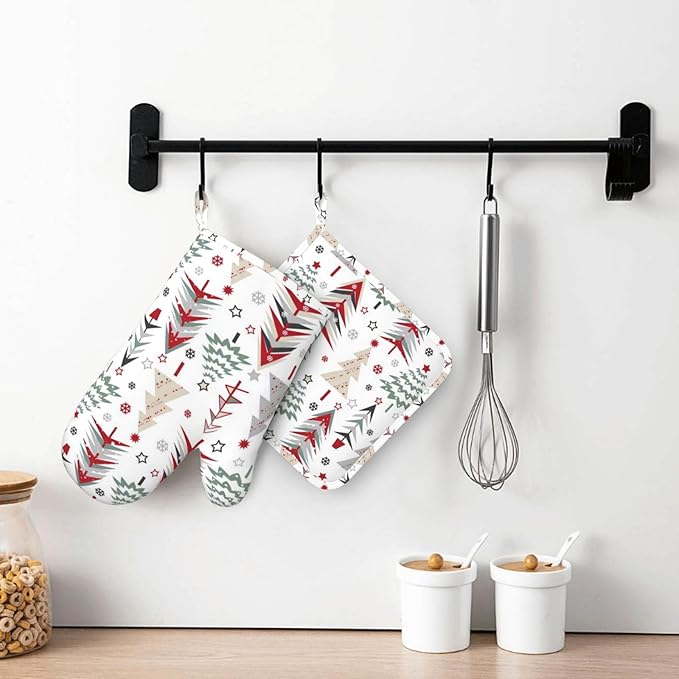 Silicone Oven Mitts and Pot Holders Sets, Home Beautiful Christmas Tree Heat Resistant BBQ Gloves for Kitchen Baking Cooking Grilling Microwave