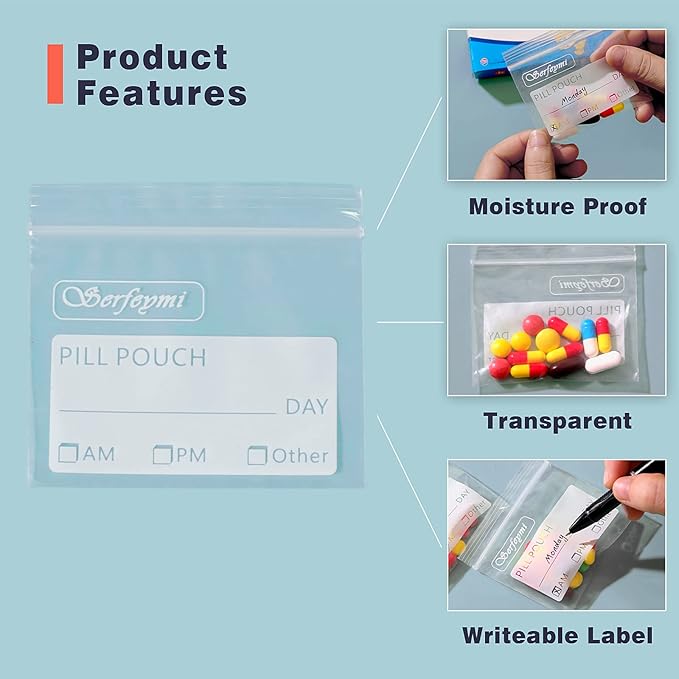 Serfeymi Pill Bags for Travel Pill Pouch Organizer Pack of 400 BPA Free 3 x 2.75 inch Reusable Pill Pouches for Medicine with Write on Label & Zipper Seal Waterproof AM PM Pill Baggies for Supplements
