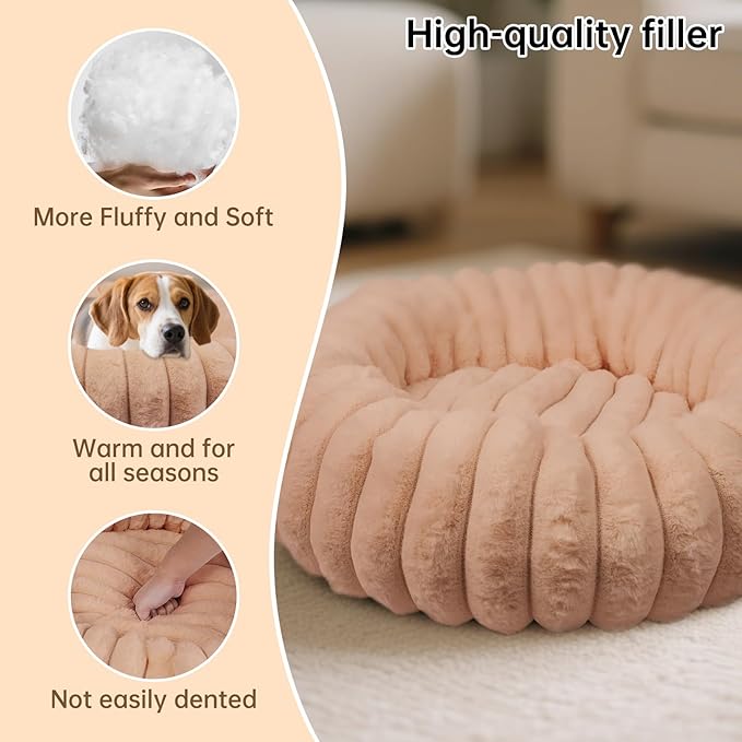 Vhen When Donut Dog and Cat Bed, Luxurious Comfortable Faux Rabbit Fur Pet Beds, Round Anti-Anxiety Calming Puppy Kitten Bed with Anti-Slip Bottom for Small Medium Dogs & Cats(23", Brown)
