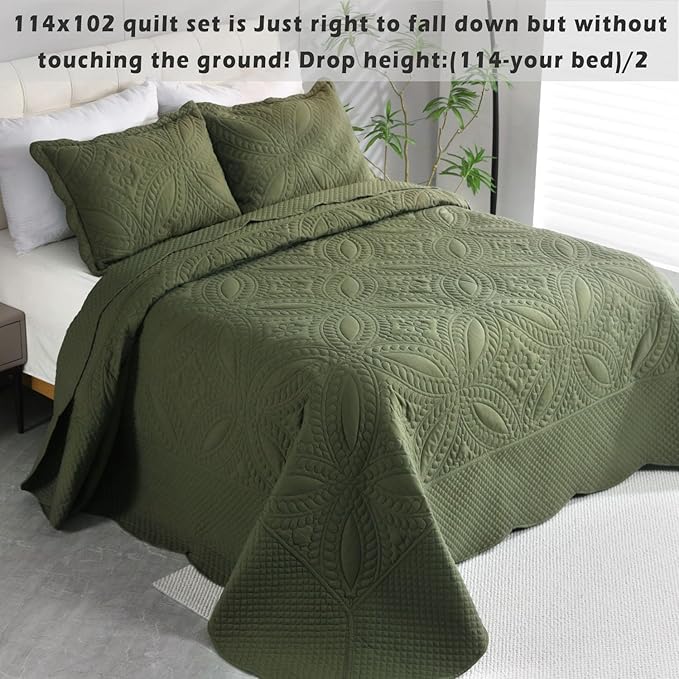 Cmfshape Oversize King Bedspread 114"x102",3 Pieces California King Size Quilt,Lightweight Olive Green Quilt Set for All Season,Modern Coin Pattern Bedding Set(1 Quilt,2 Pillowshams)